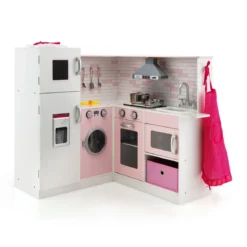 Eck Spielküche mit Sound und Licht Kinderküche aus Holz inkl. Schürze und Spielzubehör 85 x 84 x 85 cm Weiß + Rosa