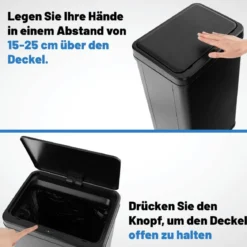Edelstahl-Mülleimer 50 L Automatischer Bewegungssensor-Abfalleimer mit offener Deckel 33,5 x 26 x 83,5 cm Schwarz