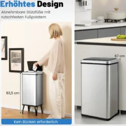 Edelstahl-Mülleimer 50 L Automatischer Bewegungssensor-Abfalleimer mit offener Deckel 33,5 x 26 x 83,5 cm Silber