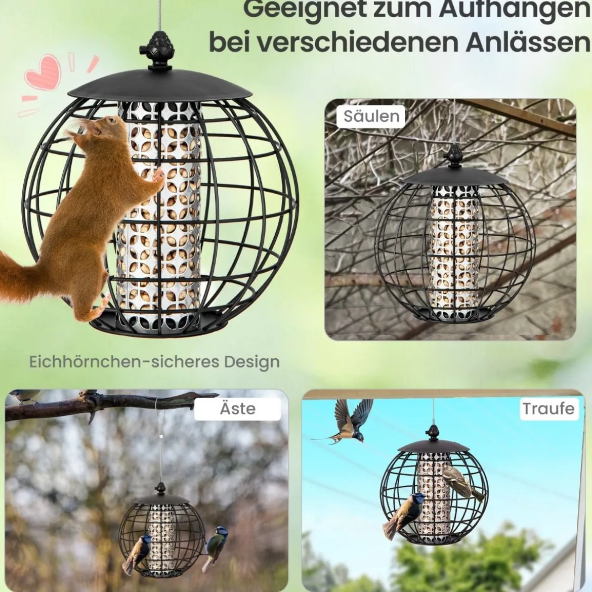 Eichhörnchensicherer Futterspender für Vögel zum Aufhängen 21 x 22,5 cm Schwarz