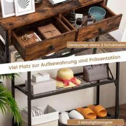 Eingangstisch Ladestation mit 2 Schubladen & 2 Metallgitterregalen Rustikales Braun