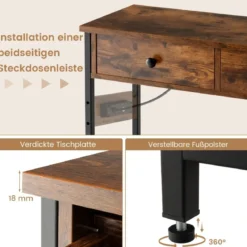 Eingangstisch Ladestation mit 2 Schubladen & 2 Metallgitterregalen Rustikales Braun
