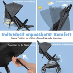 Einhändig Klappbare Kinderwagen mit Verstellbarer Rückenlehne & Verdeck Reisebuggy