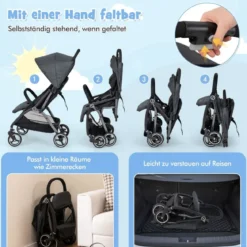 Einhändig Klappbare Kinderwagen mit Verstellbarer Rückenlehne & Verdeck Reisebuggy