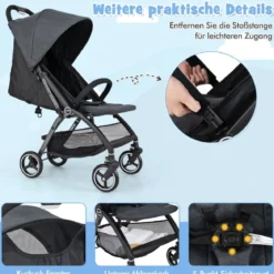 Einhändig Klappbare Kinderwagen mit Verstellbarer Rückenlehne & Verdeck Reisebuggy