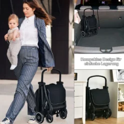 Ein-Knopf-Klappbar Kinderwagen mit Verstellbare Rückenlehne & Fußstütze Schwarz