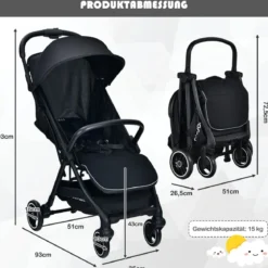 Ein-Knopf-Klappbar Kinderwagen mit Verstellbare Rückenlehne & Fußstütze Schwarz