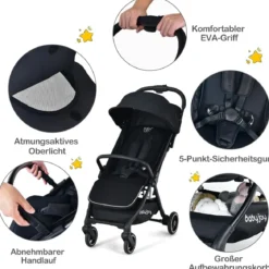 Ein-Knopf-Klappbar Kinderwagen mit Verstellbare Rückenlehne & Fußstütze Schwarz