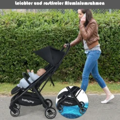 Ein-Knopf-Klappbar Kinderwagen mit Verstellbare Rückenlehne & Fußstütze Schwarz