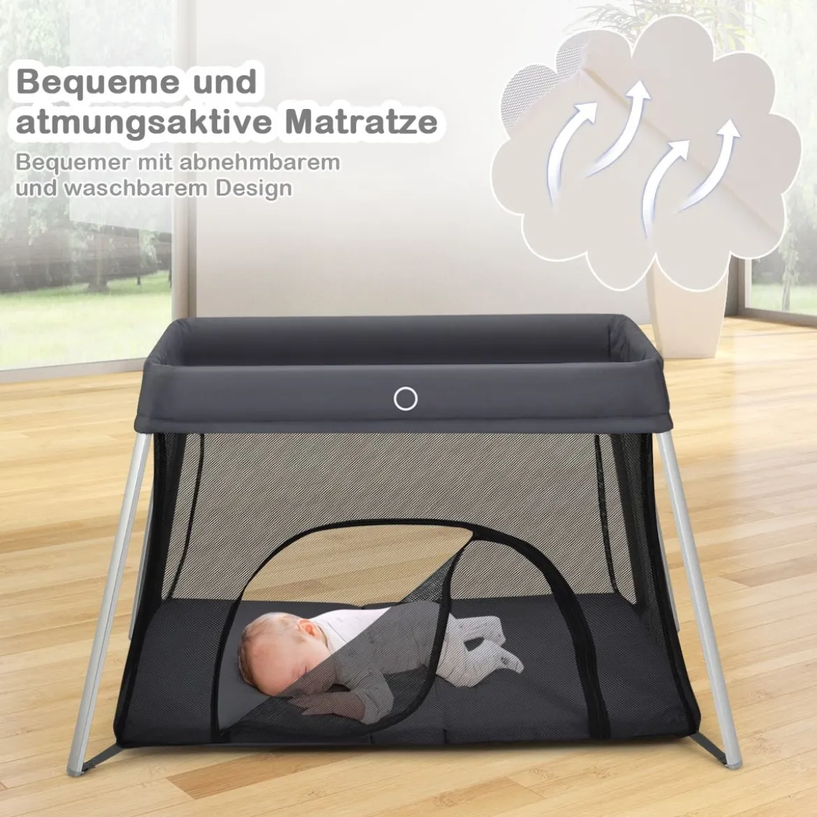 Ein-Konpf-klappbares Babybett mit Matratze & Reißverschlusstür & Tragetasche Dunkelgrau