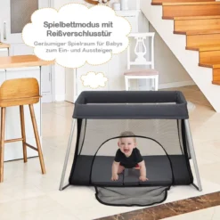 Ein-Konpf-klappbares Babybett mit Matratze & Reißverschlusstür & Tragetasche Dunkelgrau