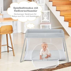 Ein-Konpf-klappbares Babybett mit Matratze & Reißverschlusstür & Tragetasche Hellgrau