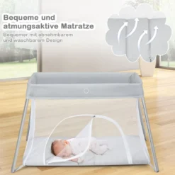 Ein-Konpf-klappbares Babybett mit Matratze & Reißverschlusstür & Tragetasche Hellgrau