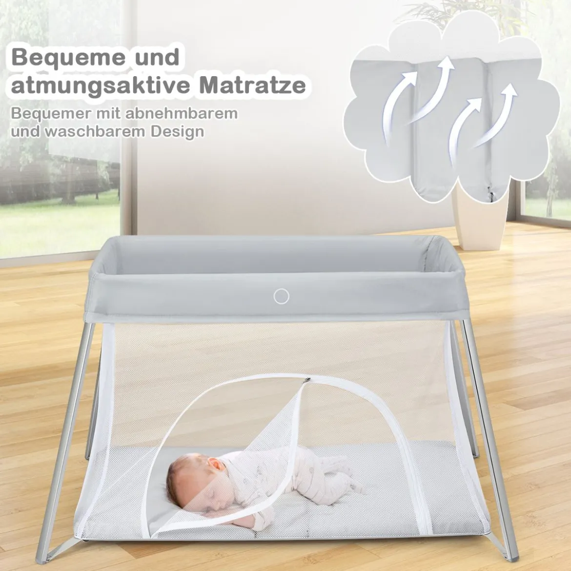 Ein-Konpf-klappbares Babybett mit Matratze & Reißverschlusstür & Tragetasche Hellgrau