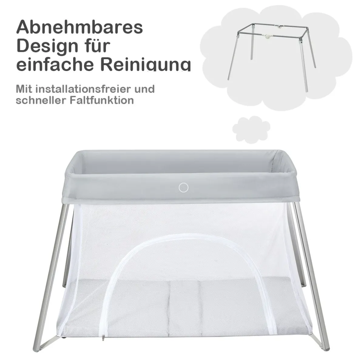 Ein-Konpf-klappbares Babybett mit Matratze & Reißverschlusstür & Tragetasche Hellgrau