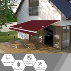 Einziehbare Markise Balkonmarkise Sonnenschutz Klemmmarkise für Balkon und Veranda 2,5 x 2 m Wein
