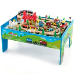 Eisenbahntisch aus Holz 80-teiliges Spielset mit Umkehrbarer & Abnehmbarer Tischplatte 82,5 x 60 x 40 cm Mehrfarbig