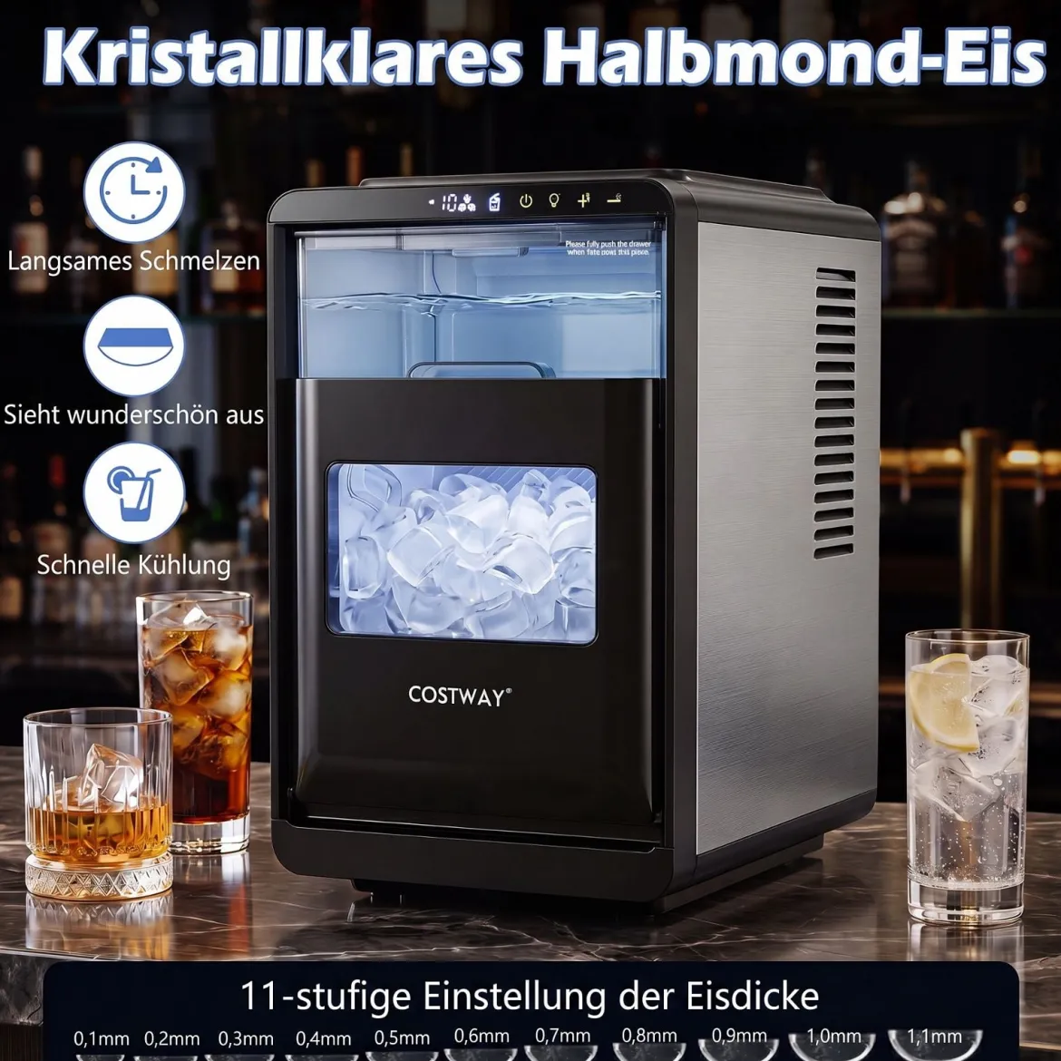 Eiswürfelmaschine für Klare Halbmond-Eiswürfel 12 kg/Tag 16 Stück in 15 Min mit Selbstreinigung