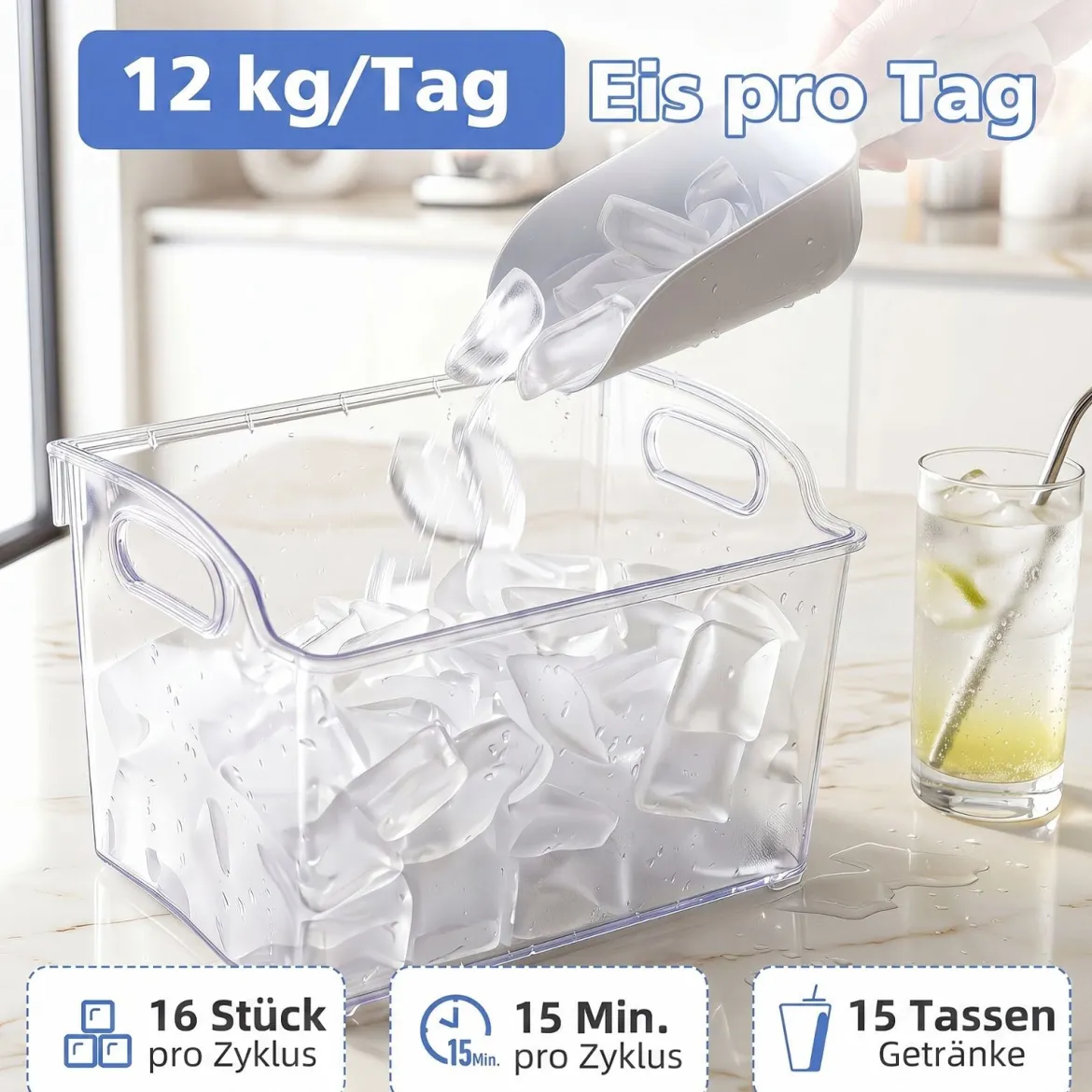 Eiswürfelmaschine für Klare Halbmond-Eiswürfel 12 kg/Tag 16 Stück in 15 Min mit Selbstreinigung