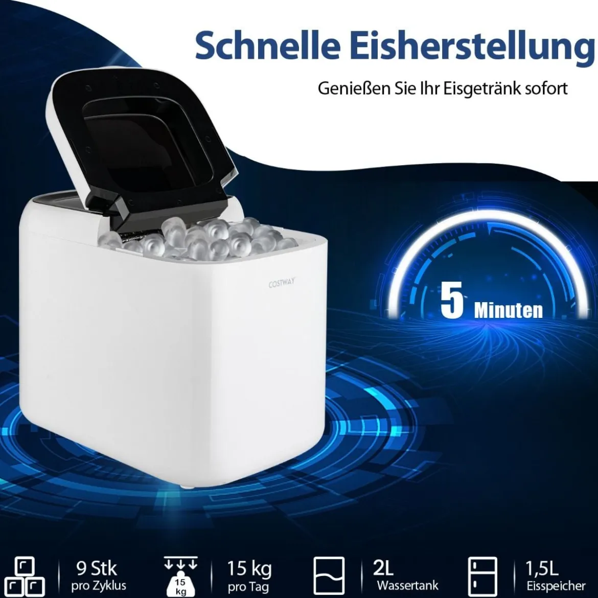 Eiswürfelmaschine Ice Maker Eismaschine Eiswürfelbereiter 2L Wassertank Weiß