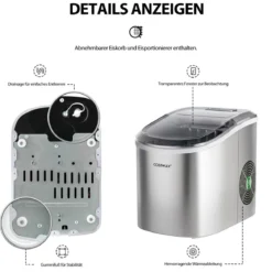 Eiswürfelmaschine 2,2 L Eiswürfelmaschine mit Kugelförmigen Eiswürfeln 24,5 x 35,5 x 32 cm Splitter