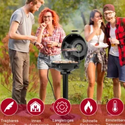 Elektrischer BBQ-Grill tragbarer Standgrill mit abnehmbarem antihaftbeschichtetem Warmhaltegitter Schwarz