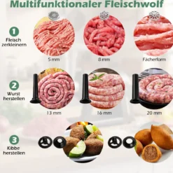 Elektrischer Fleischwolf 2000W Hackfleisch maschine mit 3 Wurstfüllrohren 3 Lochscheiben Kebbe-Set Schwarz