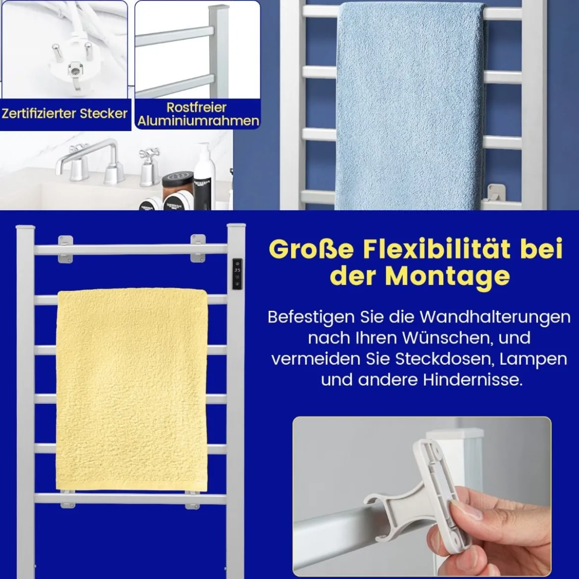 Elektrischer Handtuchwärmer mit 8 Std. Timer & Überhitzungsschutz & LED Display Aluminium