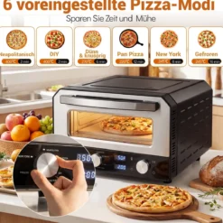 Elektrischer Indoor-Pizzaofen Tisch-Pizzaofen für 30 cm Pizzen mit 6 Voreinstellungen Schwarz