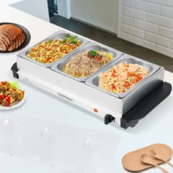 Elektrische Warmhalteplatte mit 3 Abnehmbaren Schalen Edelstahl Speisewärmer Buffetwärmer