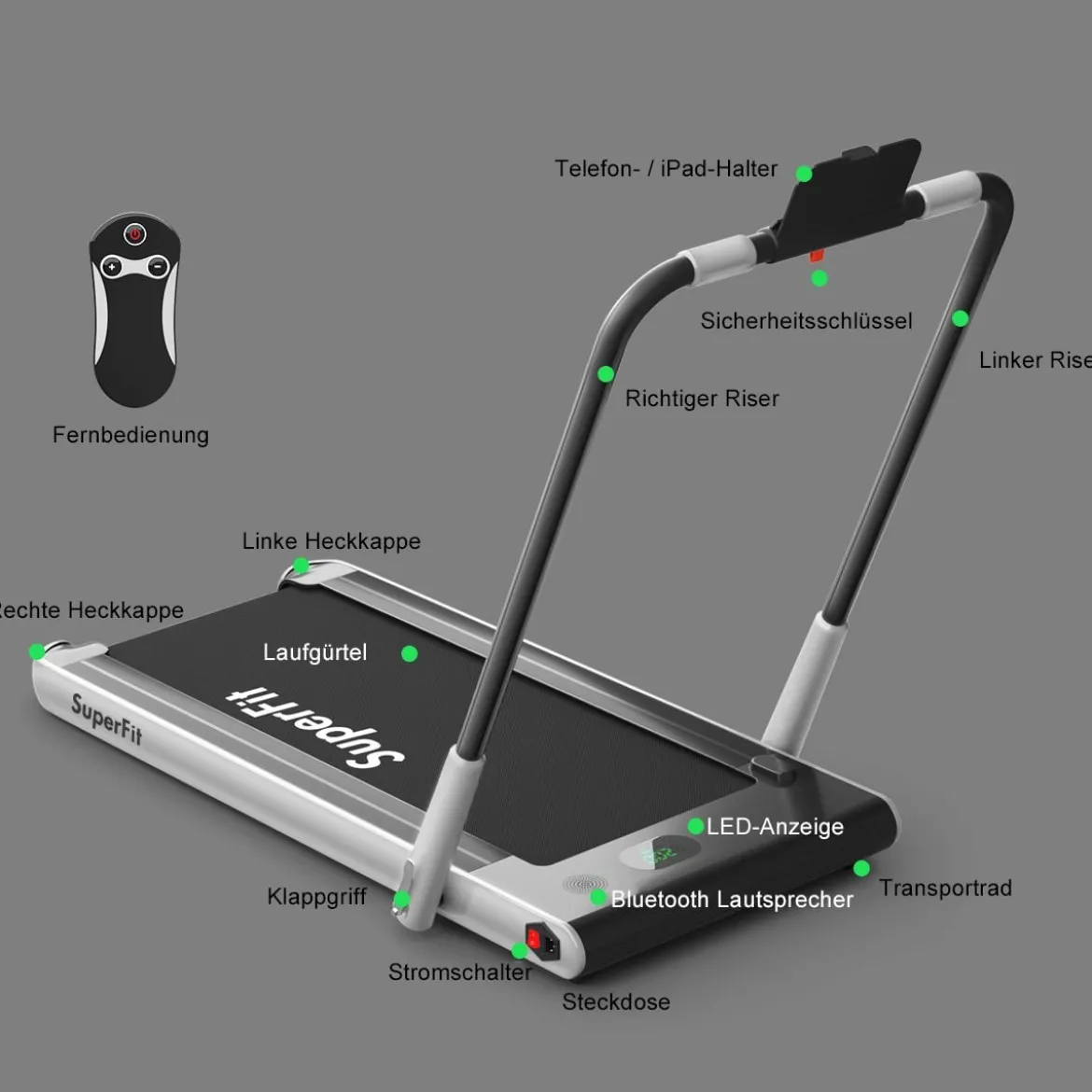 Elektrisch Laufband einstellbare Geschwindigkeit Fernbedienung Bluetooth Faltfunktion Silber
