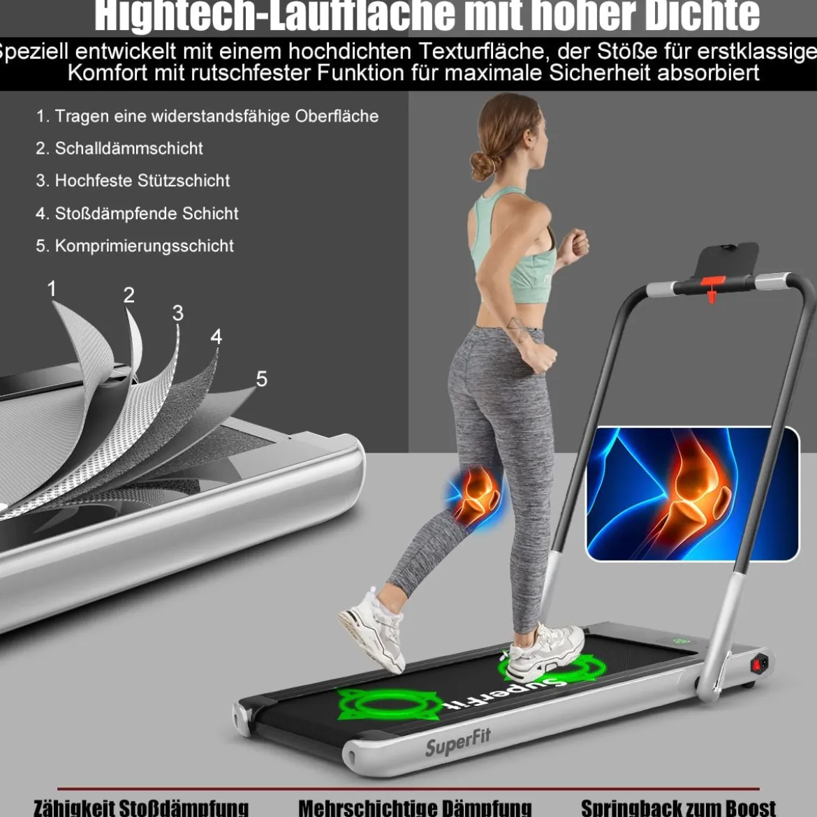 Elektrisch Laufband einstellbare Geschwindigkeit Fernbedienung Bluetooth Faltfunktion Silber