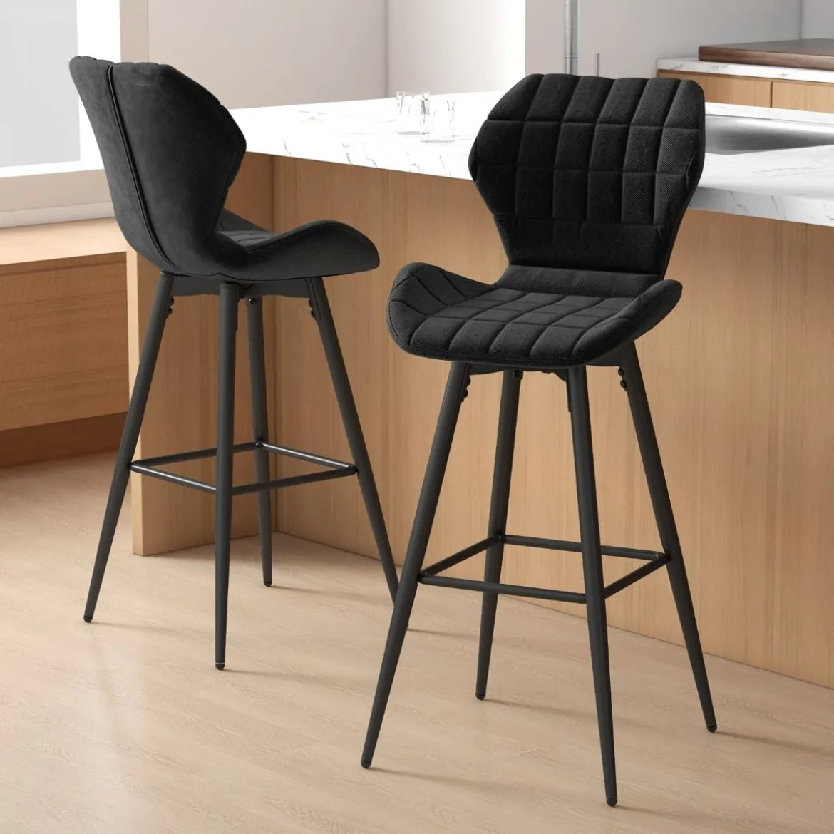 2er Barhocker Set mit Rückenlehne & Fußstütze Gepolsterte Barstühle Modern Esszimmerstuhl