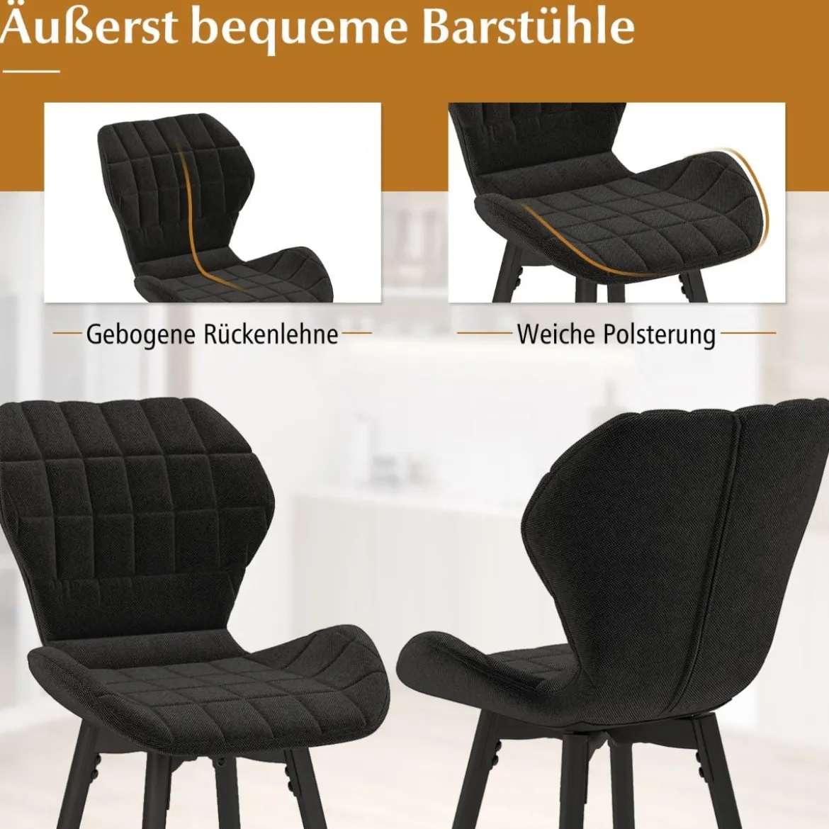 2er Barhocker Set mit Rückenlehne & Fußstütze Gepolsterte Barstühle Modern Esszimmerstuhl