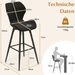 2er Barhocker Set mit Rückenlehne & Fußstütze Gepolsterte Barstühle Modern Esszimmerstuhl