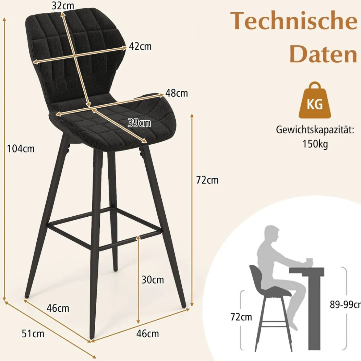 2er Barhocker Set mit Rückenlehne & Fußstütze Gepolsterte Barstühle Modern Esszimmerstuhl