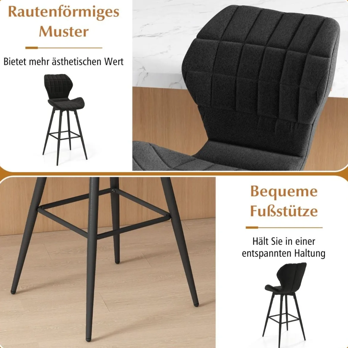 2er Barhocker Set mit Rückenlehne & Fußstütze Gepolsterte Barstühle Modern Esszimmerstuhl