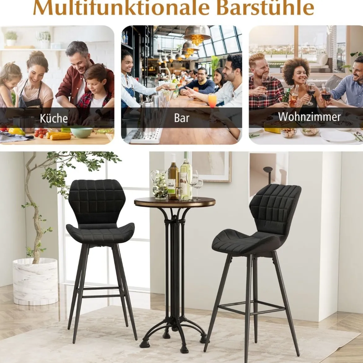 2er Barhocker Set mit Rückenlehne & Fußstütze Gepolsterte Barstühle Modern Esszimmerstuhl