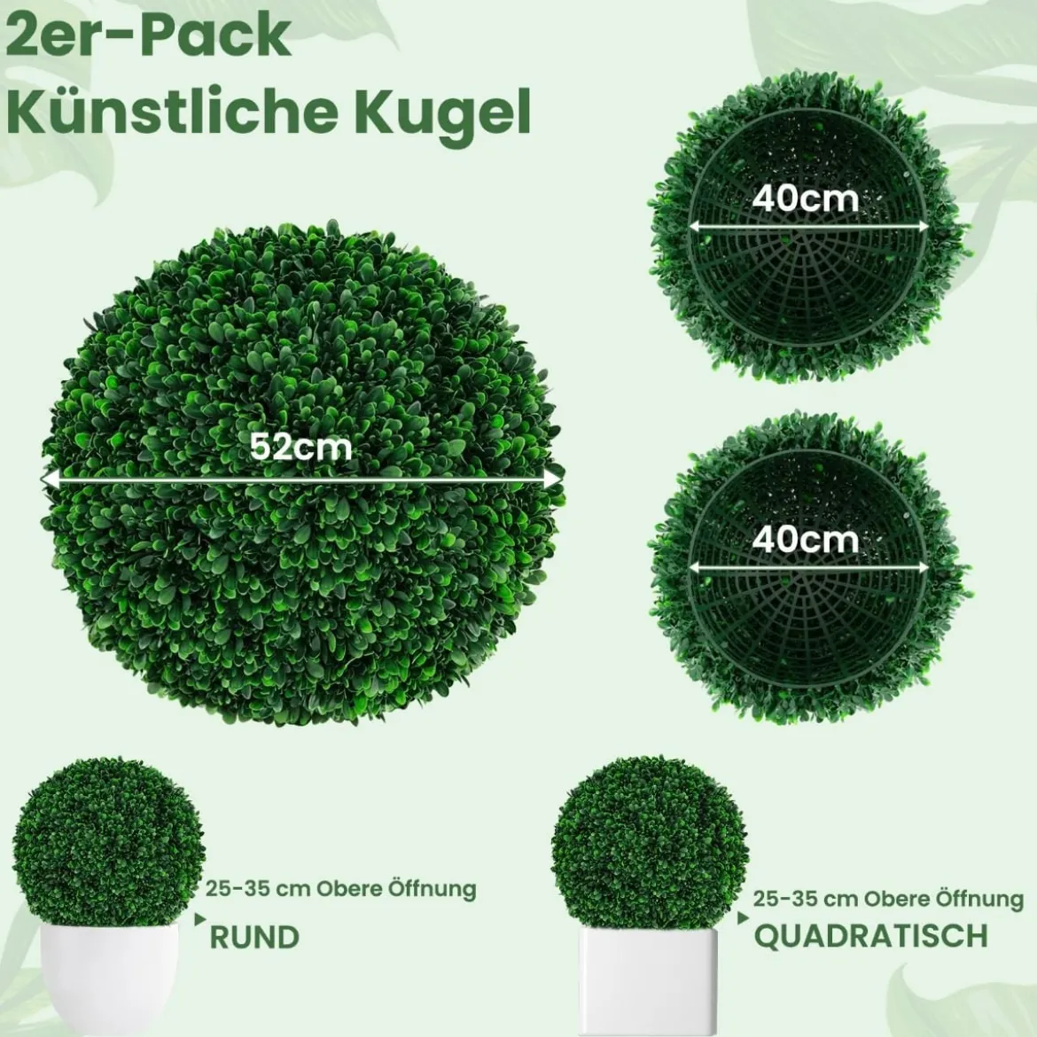 2er Buchsbaumkugel 52 cm Buchsbaum Kugel UV-beständig Formschnitt Kunstpflanze Dunkelgrün