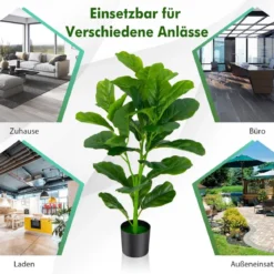 2er 90 cm Kunstpflanze mit Realistischen Blättern & Topf Geigenfeige-Baum Kunstbaum