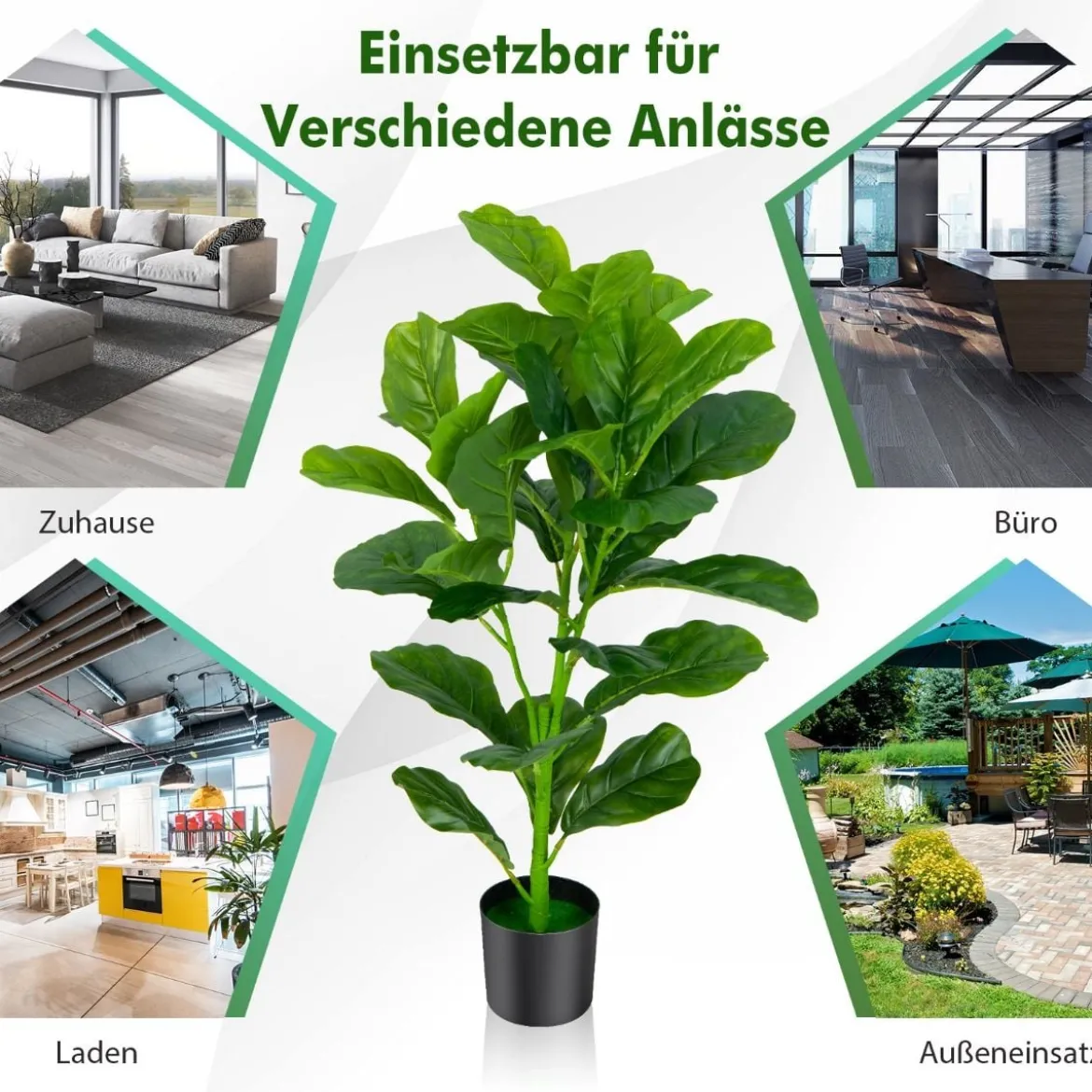 2er 90 cm Kunstpflanze mit Realistischen Blättern & Topf Geigenfeige-Baum Kunstbaum