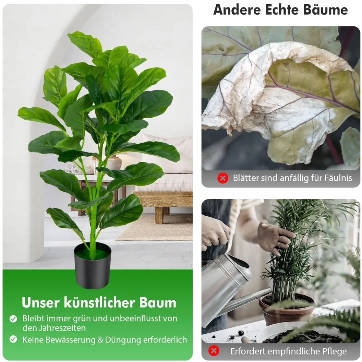 2er 90 cm Kunstpflanze mit Realistischen Blättern & Topf Geigenfeige-Baum Kunstbaum