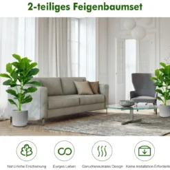2er 90 cm Kunstpflanze mit Realistischen Blättern & Topf Geigenfeige-Baum Kunstbaum