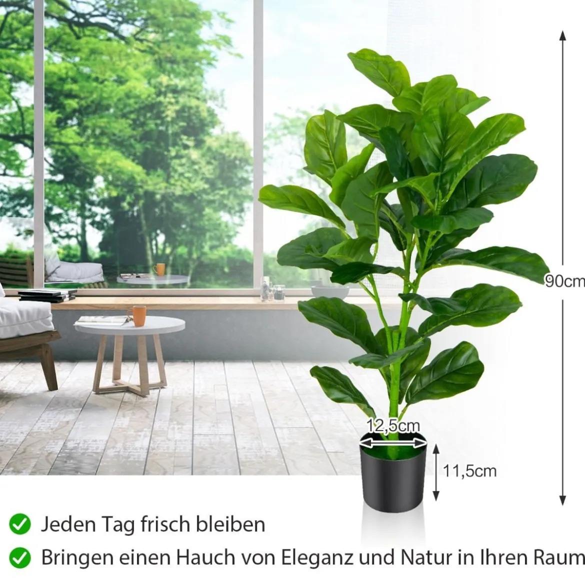 2er 90 cm Kunstpflanze mit Realistischen Blättern & Topf Geigenfeige-Baum Kunstbaum