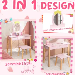Erdbeerförmiges 2-in-1-Kinder-Schminkset aus Holz mit Hocker & Spiegel & Schublade