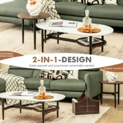2er 2 Ebenen Satztisch Set - Couchtisch & Runder Beistelltisch Marmor Optik mit Rahmen