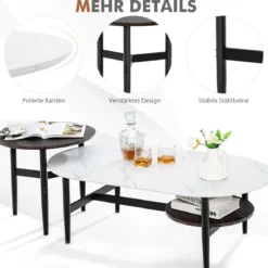 2er 2 Ebenen Satztisch Set - Couchtisch & Runder Beistelltisch Marmor Optik mit Rahmen