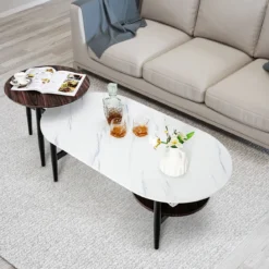 2er 2 Ebenen Satztisch Set - Couchtisch & Runder Beistelltisch Marmor Optik mit Rahmen