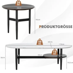 2er 2 Ebenen Satztisch Set - Couchtisch & Runder Beistelltisch Marmor Optik mit Rahmen