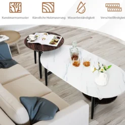 2er 2 Ebenen Satztisch Set - Couchtisch & Runder Beistelltisch Marmor Optik mit Rahmen